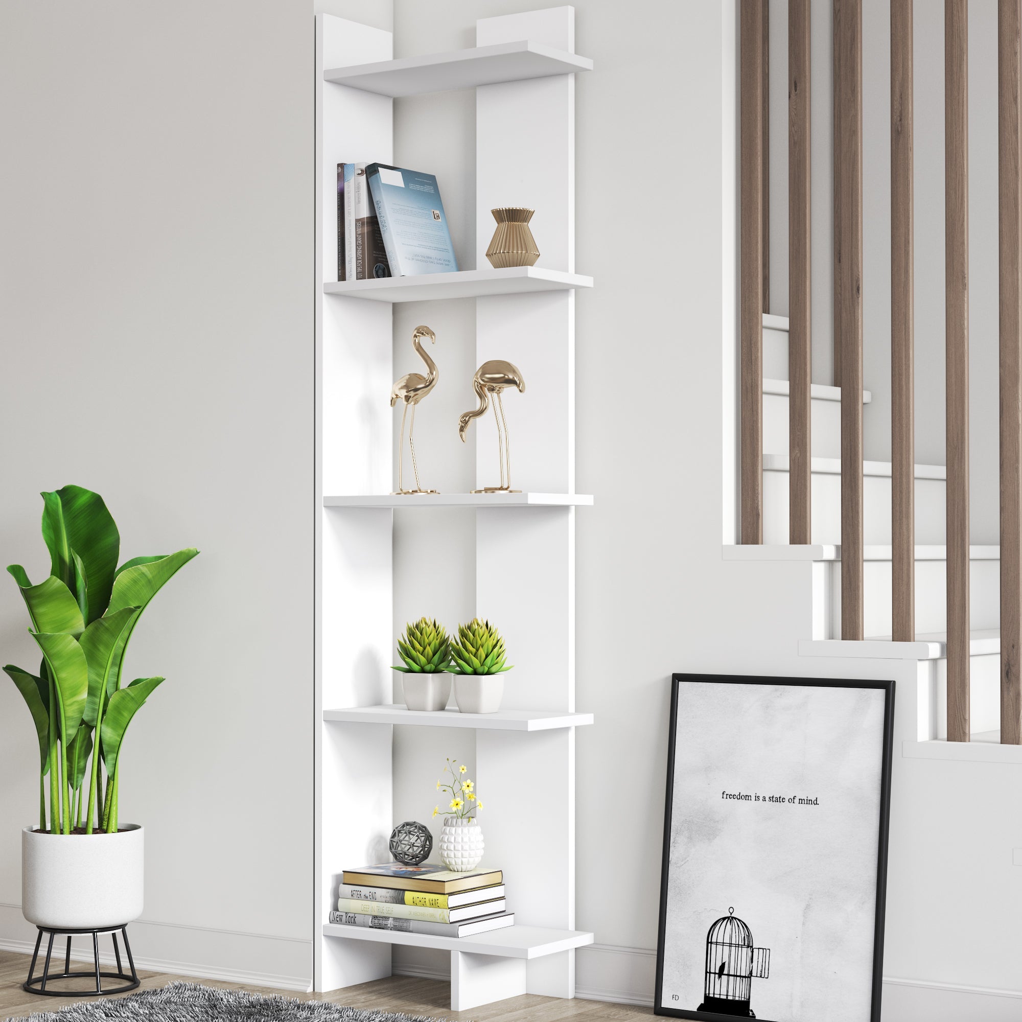 Alice 67” Corner Bookcase – 5-Tier Narrow L-Shaped Wall-Mounted Corner Bookshelf