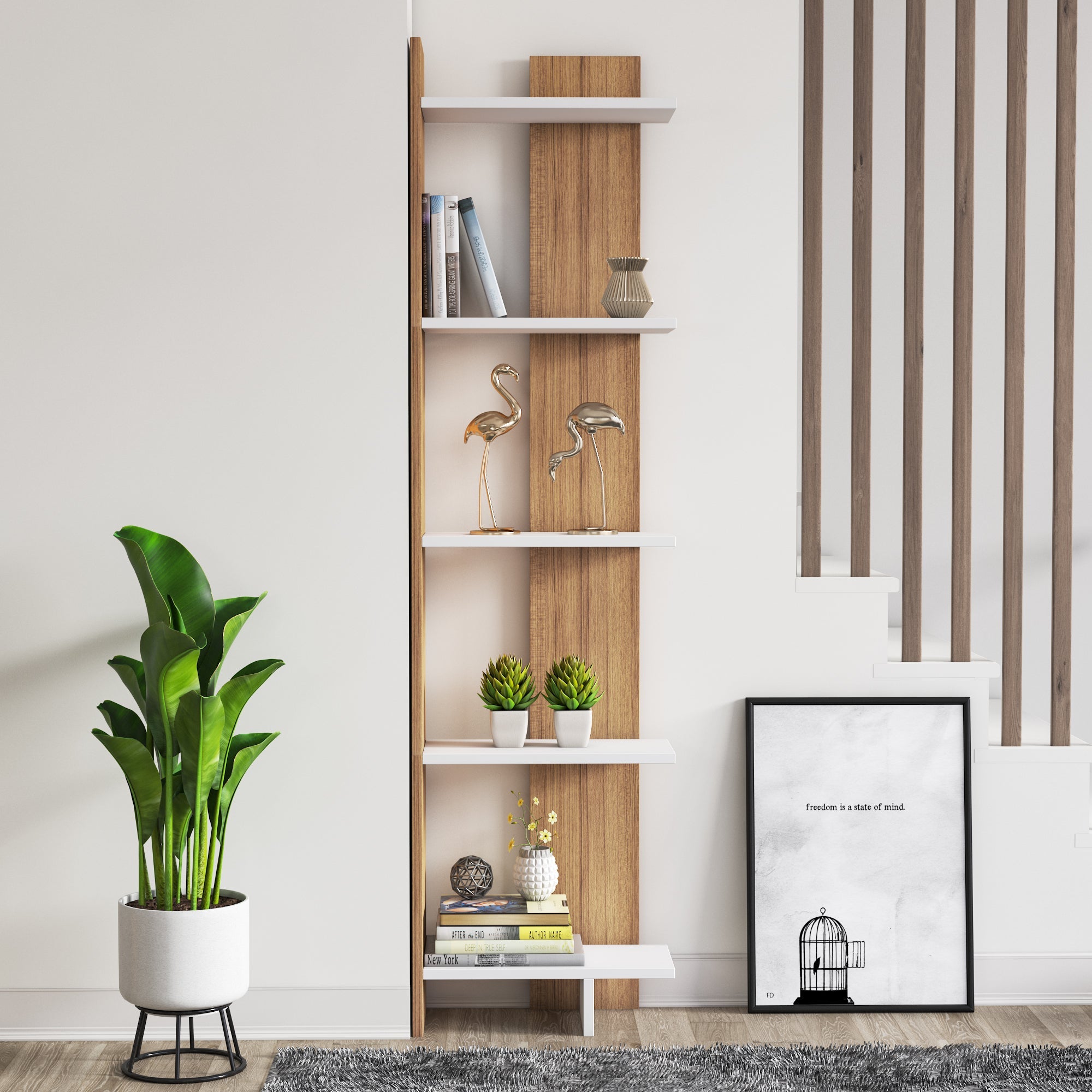 Alice 67” Corner Bookcase – 5-Tier Narrow L-Shaped Wall-Mounted Corner Bookshelf