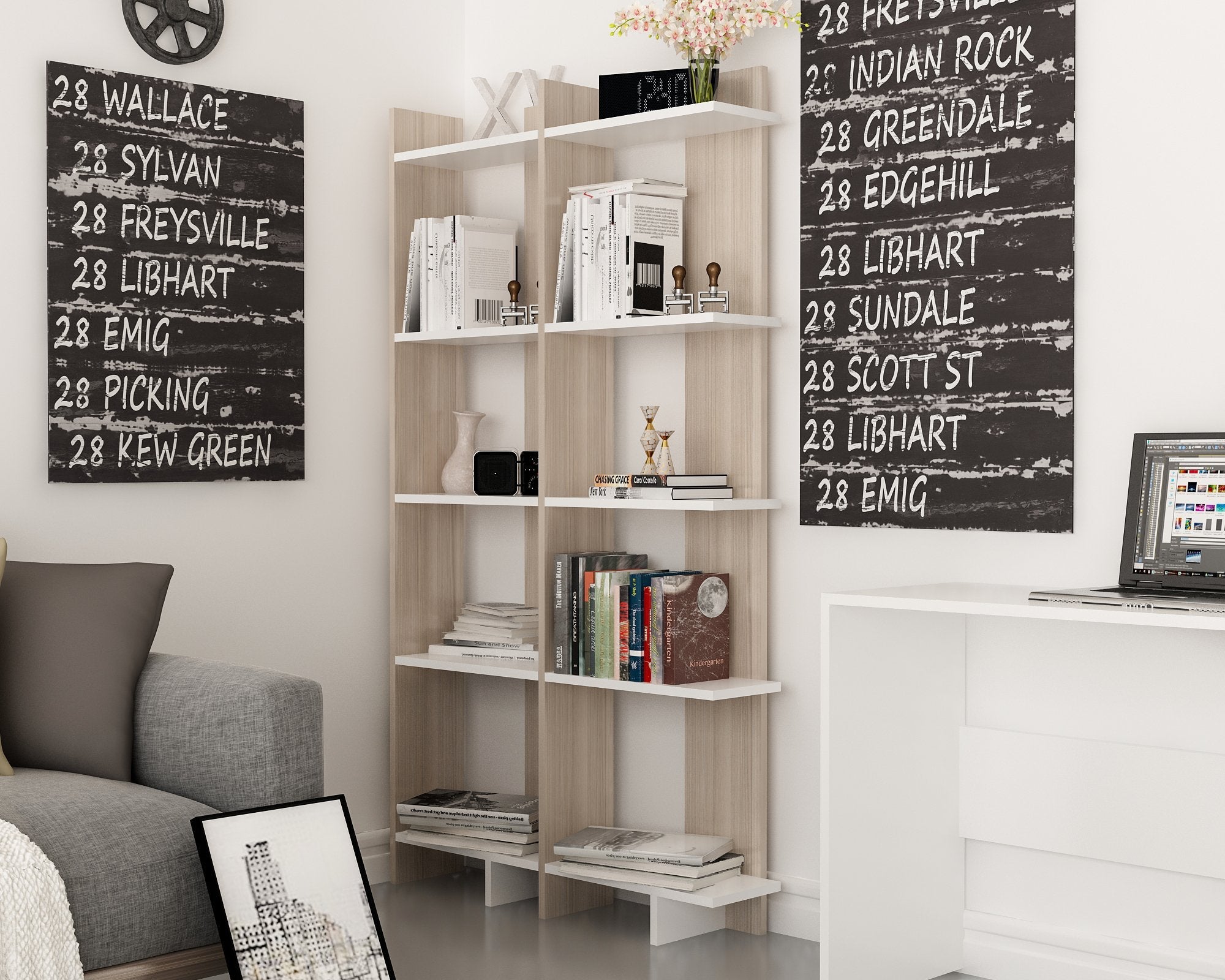 Alice 67” Corner Bookcase – 5-Tier Narrow L-Shaped Wall-Mounted Corner Bookshelf